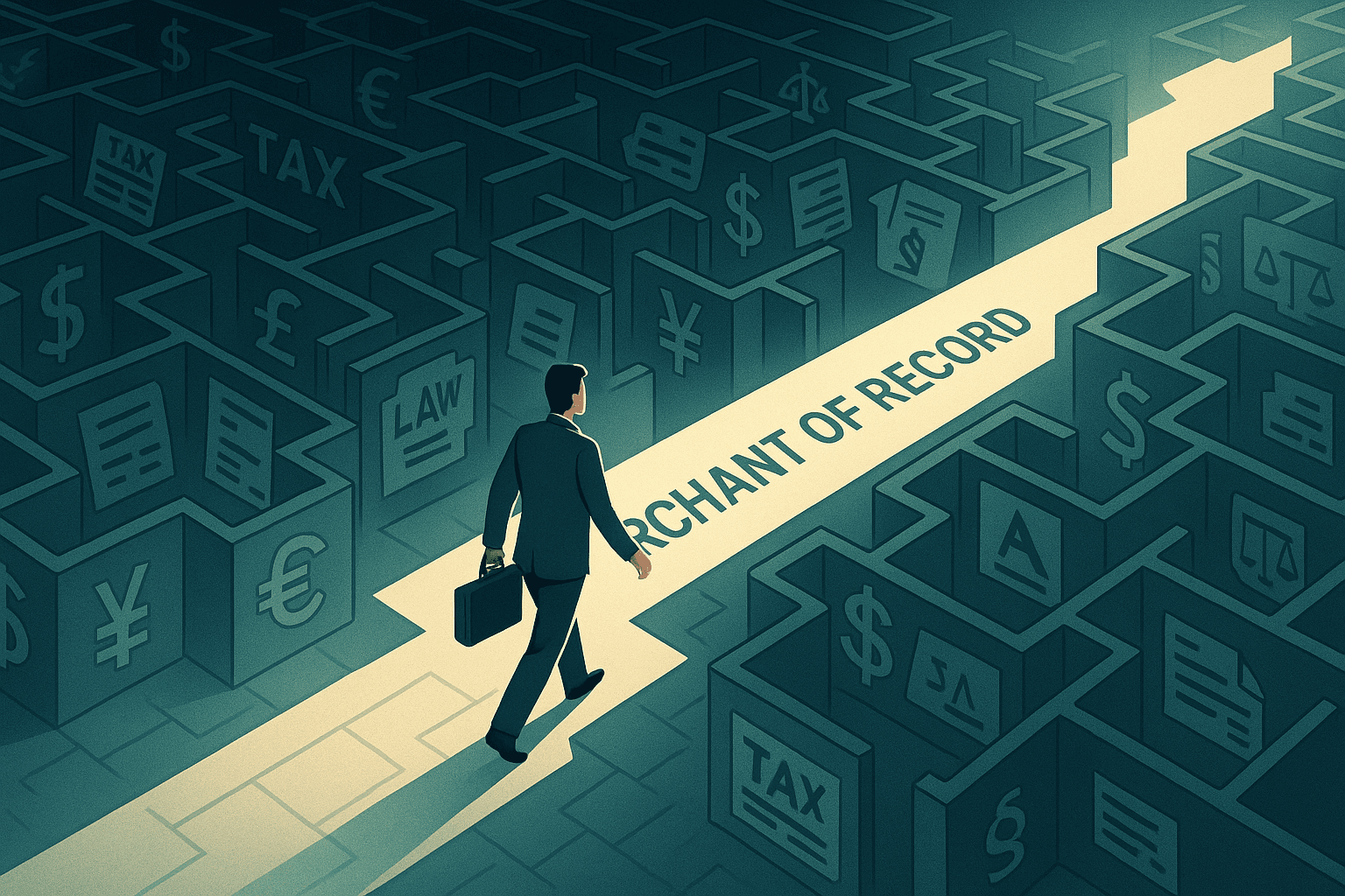 Digital art: Business person confidently walks a clear path labeled 'Merchant of Record' through a complex maze of global currency, tax, and legal icons, heading towards open market access.