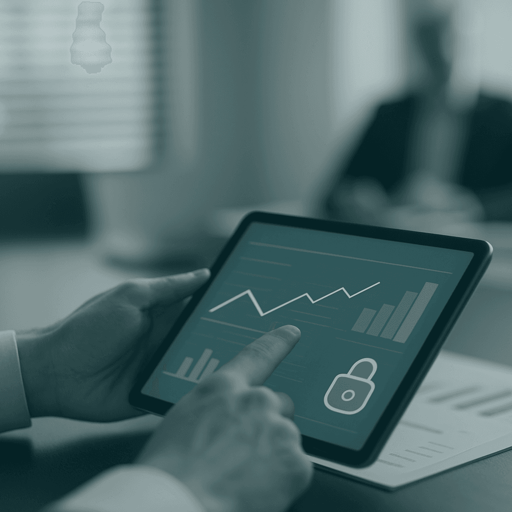 Professional business setting with hands interacting with a secure digital interface on a tablet, conveying data integrity and control over financial information.