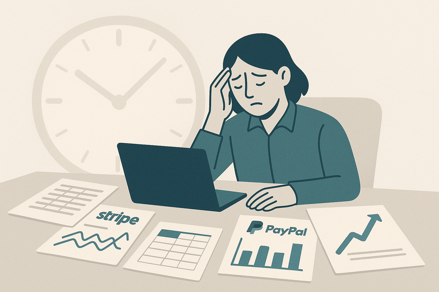 Vector illustration showing an overwhelmed finance professional buried in disparate payment spreadsheets and reports, with a large faded clock overlay symbolizing time wasted on manual reconciliation.