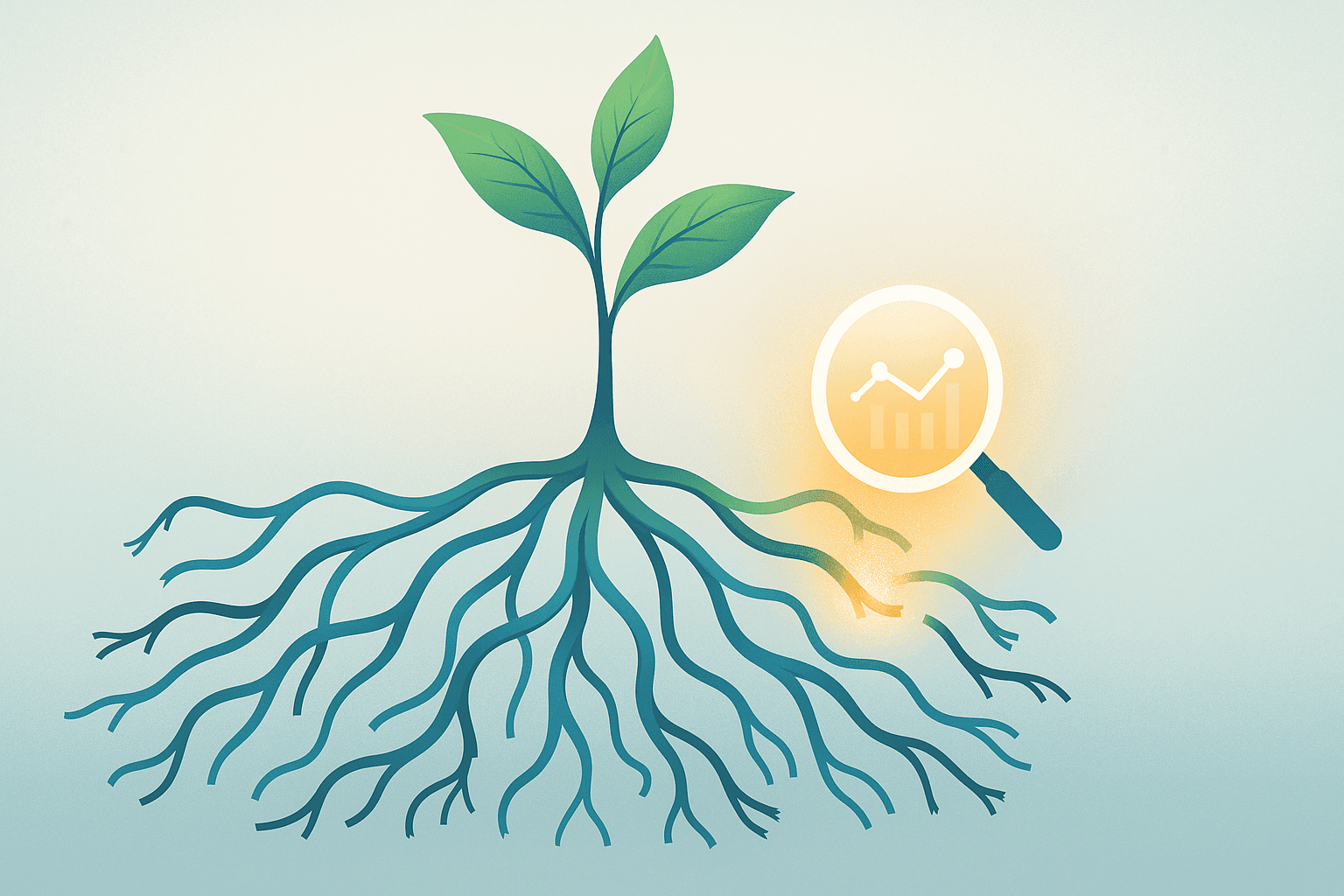 Digital illustration of a green sapling with data stream-like roots, some frayed or disconnected, being repaired by a glowing magnifying glass with an analytics symbol, symbolizing SaaS business growth through data insights.