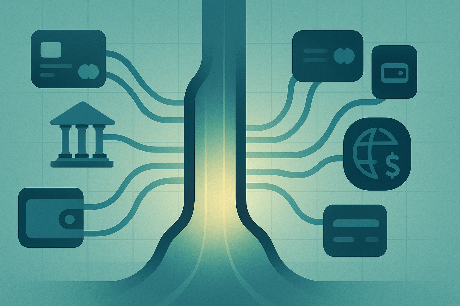 Abstract illustration of diverse payment methods unifying into a streamlined central pathway, symbolizing how a Payment Service Provider (PSP) simplifies complex online transactions and provides clarity.