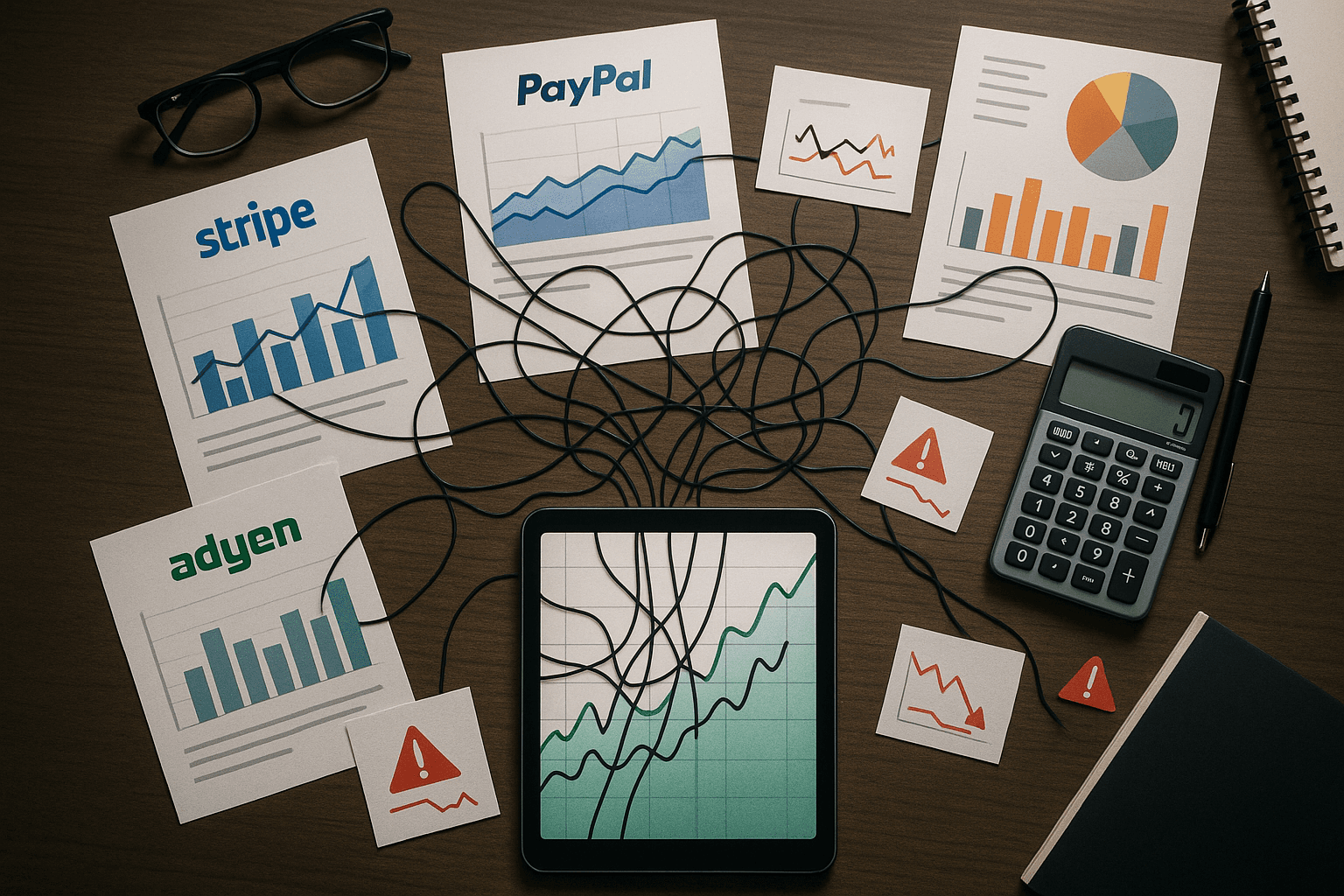 Cluttered desk showing fragmented payment reports with tangled data lines and errors, contrasted by a central tablet displaying unified data creating a clear, positive financial chart. Illustrates the cost of data chaos vs. the clarity of unified analytics.