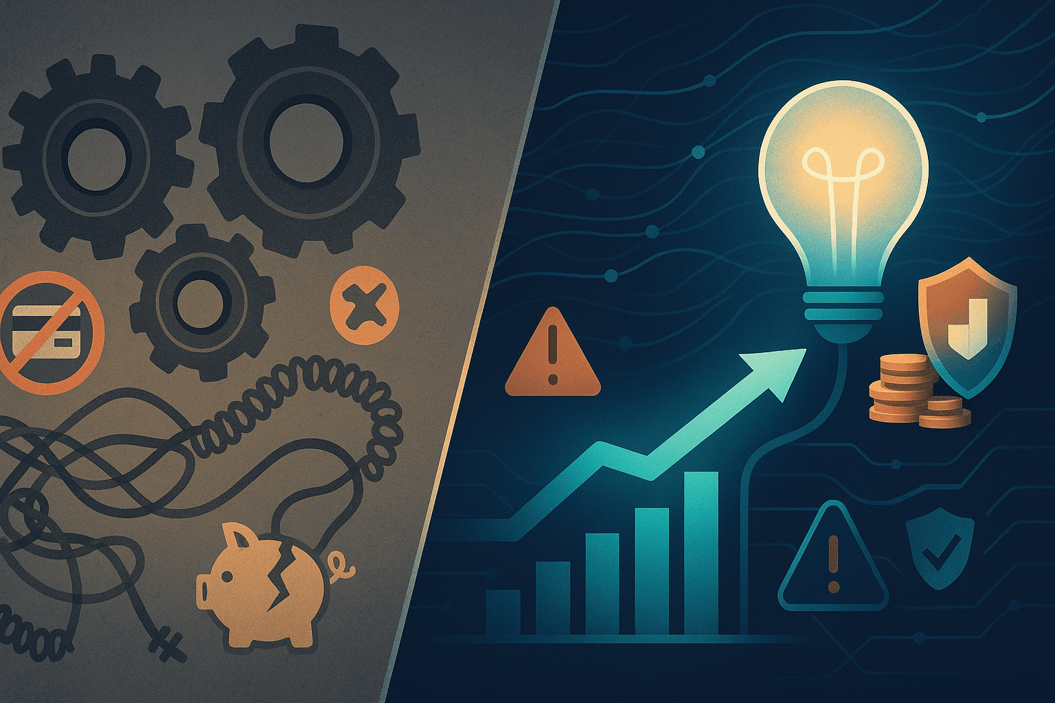 Conceptual image contrasting outdated dunning, represented by tangled, dusty gears on a dim background, with modern AI-powered payment recovery, depicted as sleek, glowing neural network lines and a bright, efficient system on the other side, symbolizing a strategic upgrade for SaaS revenue.