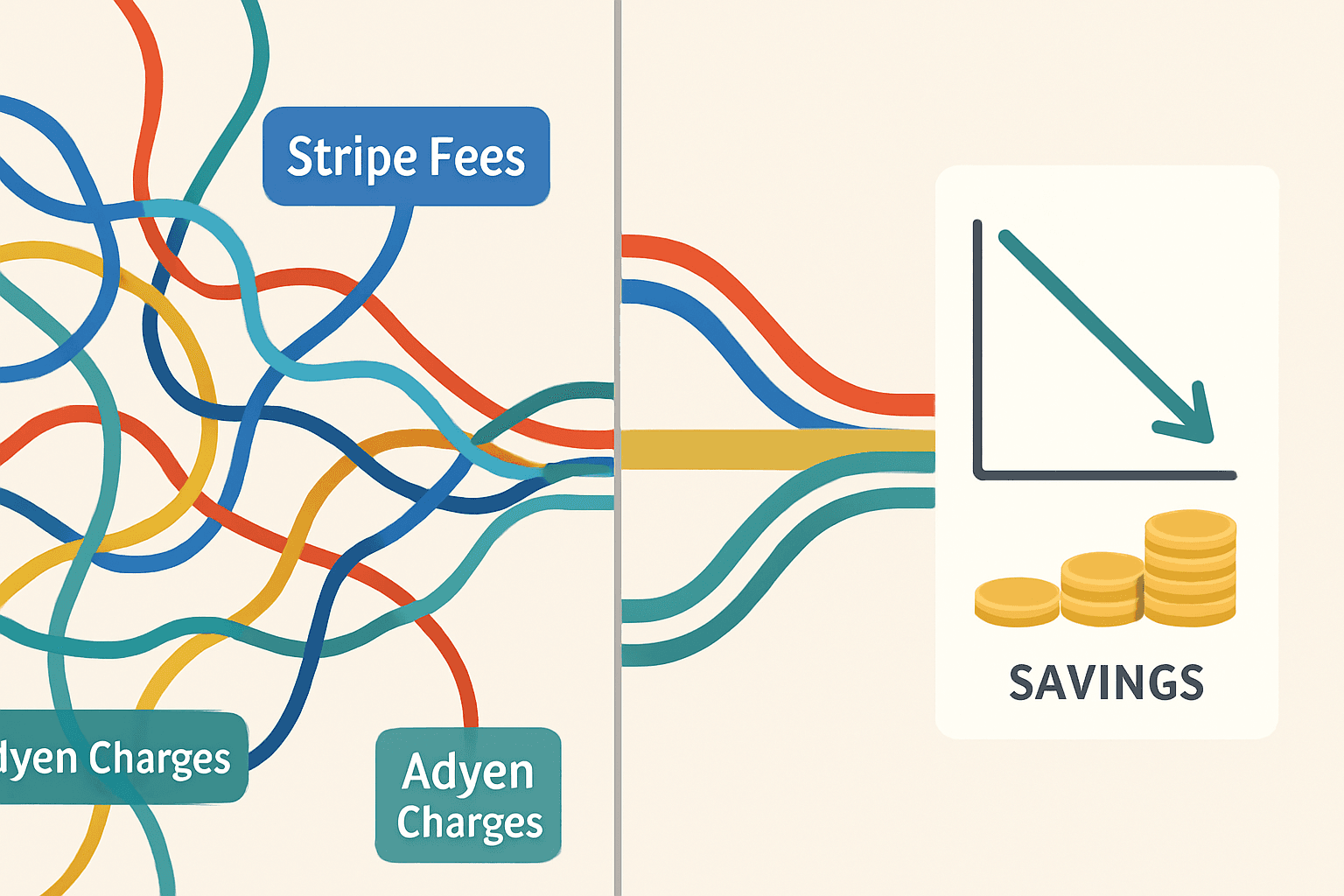 Visualizing the impact of unified payment analytics: On the left, the chaos of fragmented data from multiple providers like Stripe, PayPal, and Adyen. On the right, these disparate streams are unified into a single pipeline, providing the clarity needed to drive down costs and unlock savings, represented by the downward trend and gold coins.