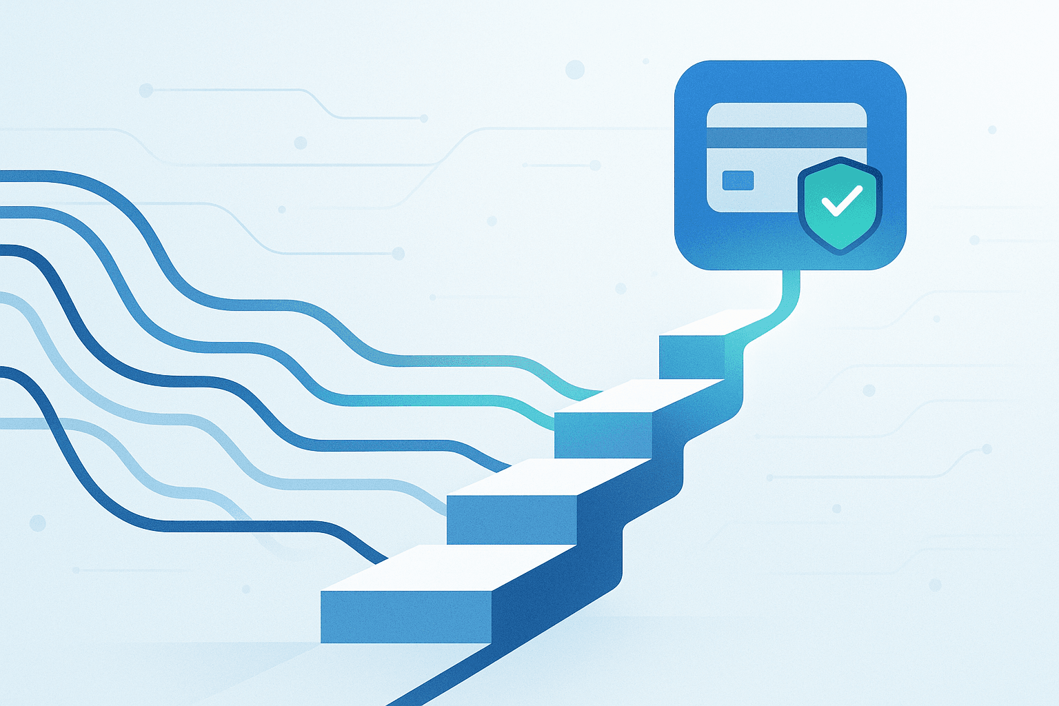 Illustration of ascending steps leading to a secure payment icon, symbolizing a clear guide for new businesses setting up online payments in 2025.