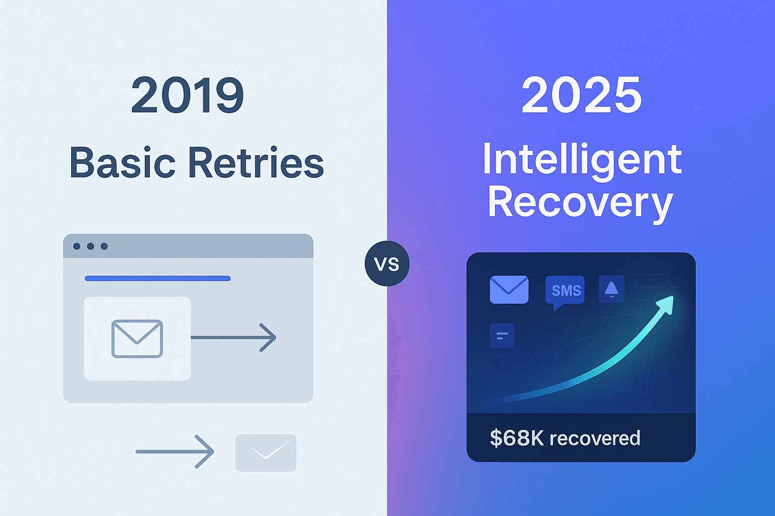 Split-screen comparison illustration showing the evolution from basic Stripe dunning on the left (single email channel, 2019 interface) to advanced payment recovery on the right (multi-channel communication including email, SMS, and in-app notifications, modern AI-powered dashboard). The image visually represents the gap between outdated payment recovery methods and modern, intelligent dunning strategies that SaaS companies need in 2025.