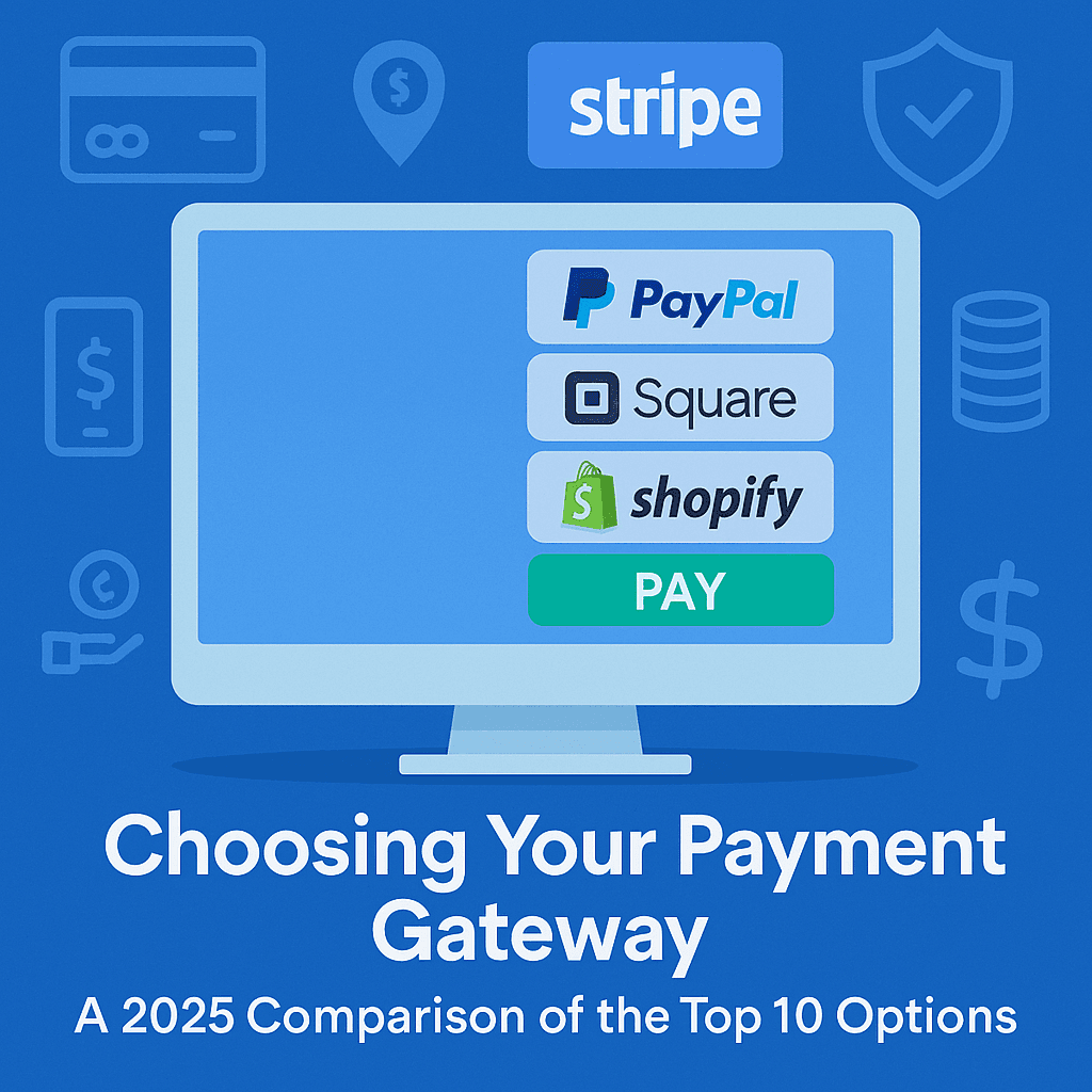 Illustration of a computer screen displaying logos of top payment gateways like Stripe, PayPal, Square, and Shopify, with the title 'Choosing Your Payment Gateway: A 2025 Comparison of the Top 10 Options' on a blue fintech-themed background.