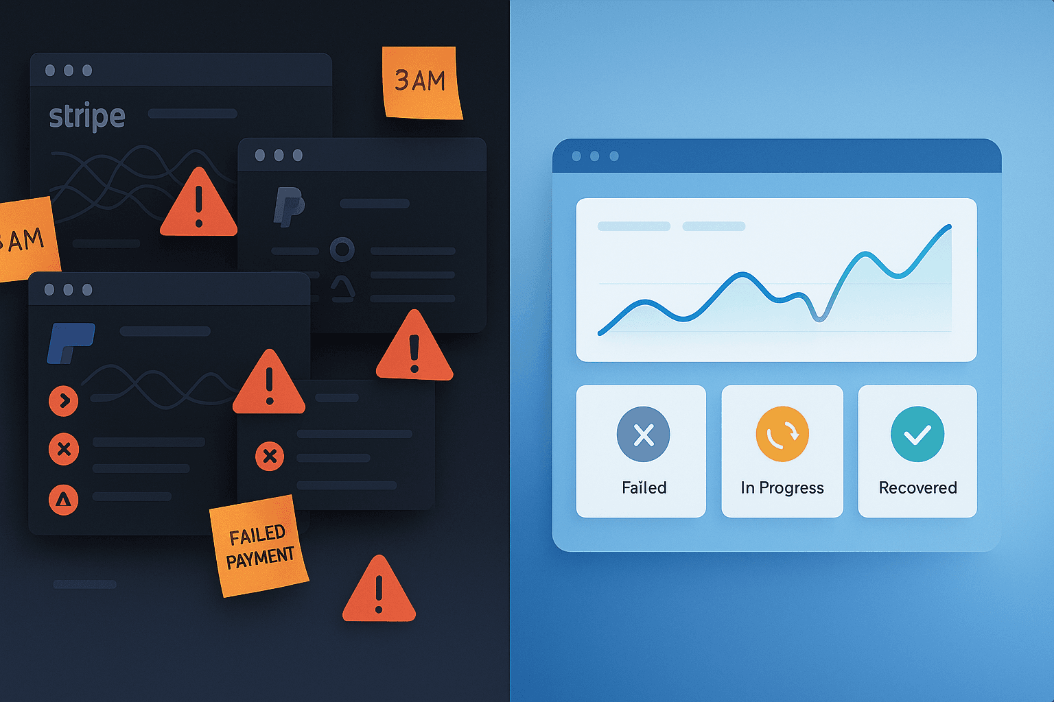 A split-screen visualization showing the contrast between chaotic multi-processor payment management (left) and streamlined unified recovery (right). The left side shows multiple browser windows with different payment processor dashboards (Stripe, PayPal, Adyen) at 3 AM, with red alert notifications and scattered sticky notes. The right side displays a clean, modern unified dashboard with clear metrics, organized recovery statuses, and a calming blue color scheme. The image should convey both the stress of managing multiple systems and the relief of having a unified solution.