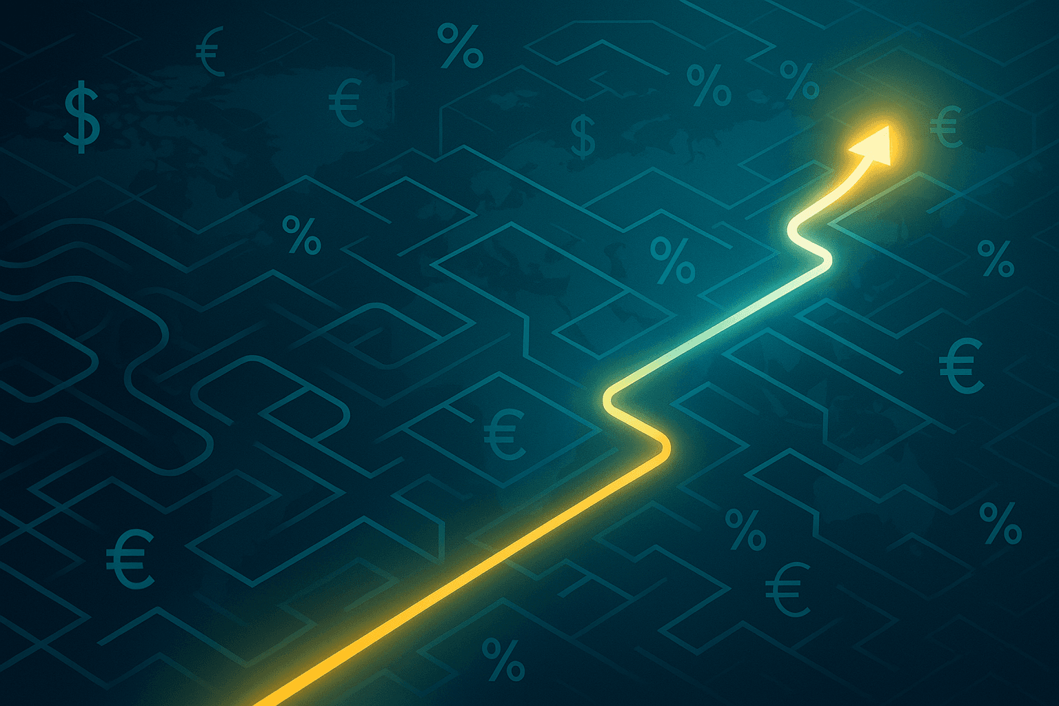 Digital artwork illustrating a clear, luminous path navigating through a complex maze of global currency symbols and financial data, symbolizing the successful management of cross-border transaction fees.