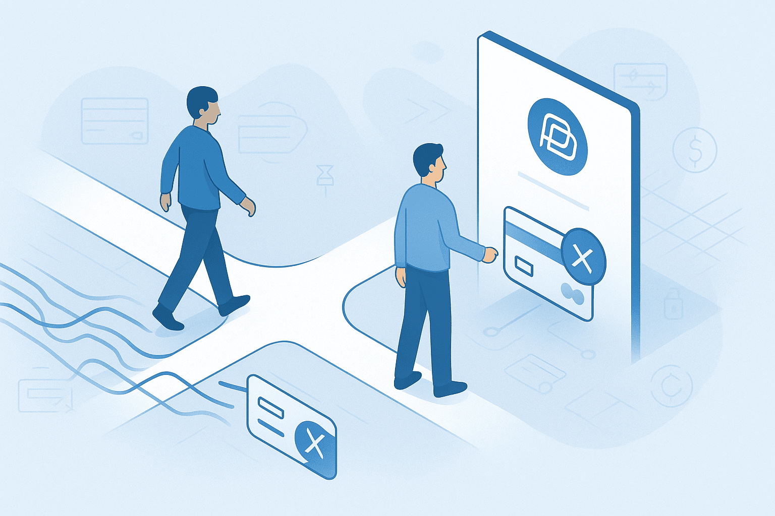 A split-screen visualization showing the contrast between voluntary and involuntary churn. On the left, a customer actively choosing to leave (voluntary churn), represented by a person walking away from a service. On the right, a customer being disconnected due to payment issues (involuntary churn), shown through a broken payment card or transaction. The image uses a professional color scheme with blues and grays, maintaining a clean, business-focused aesthetic that resonates with our target audience of finance and revenue operations professionals.