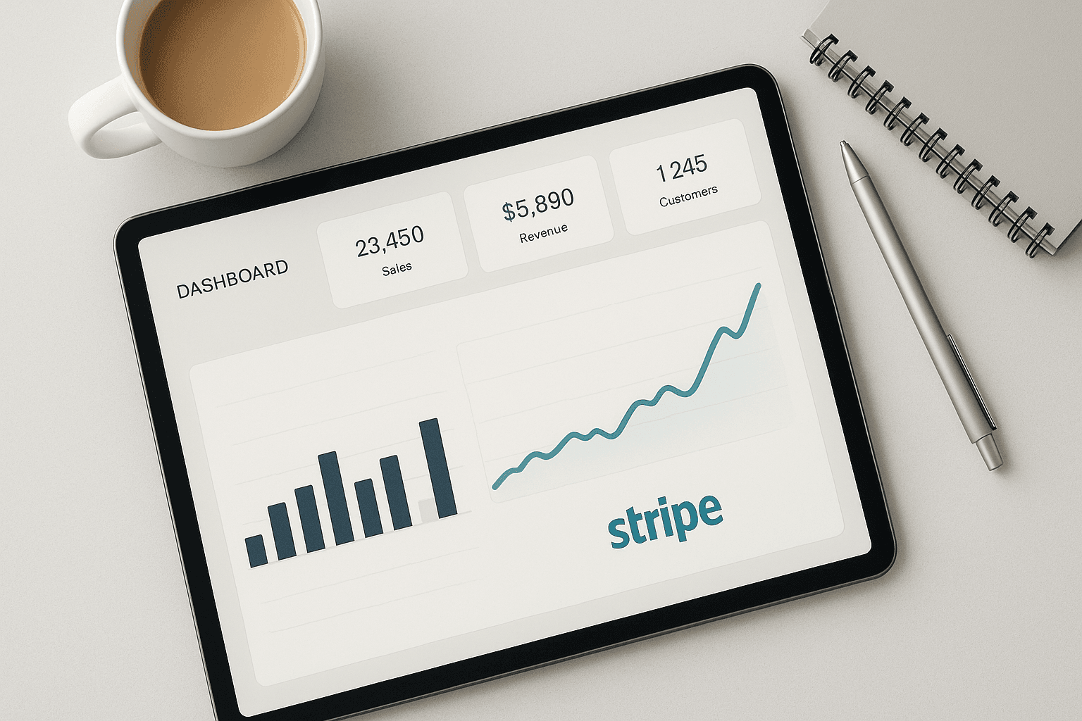 Modern tablet screen displaying a clear financial dashboard with a highlighted section indicating Stripe insights, symbolizing financial clarity.