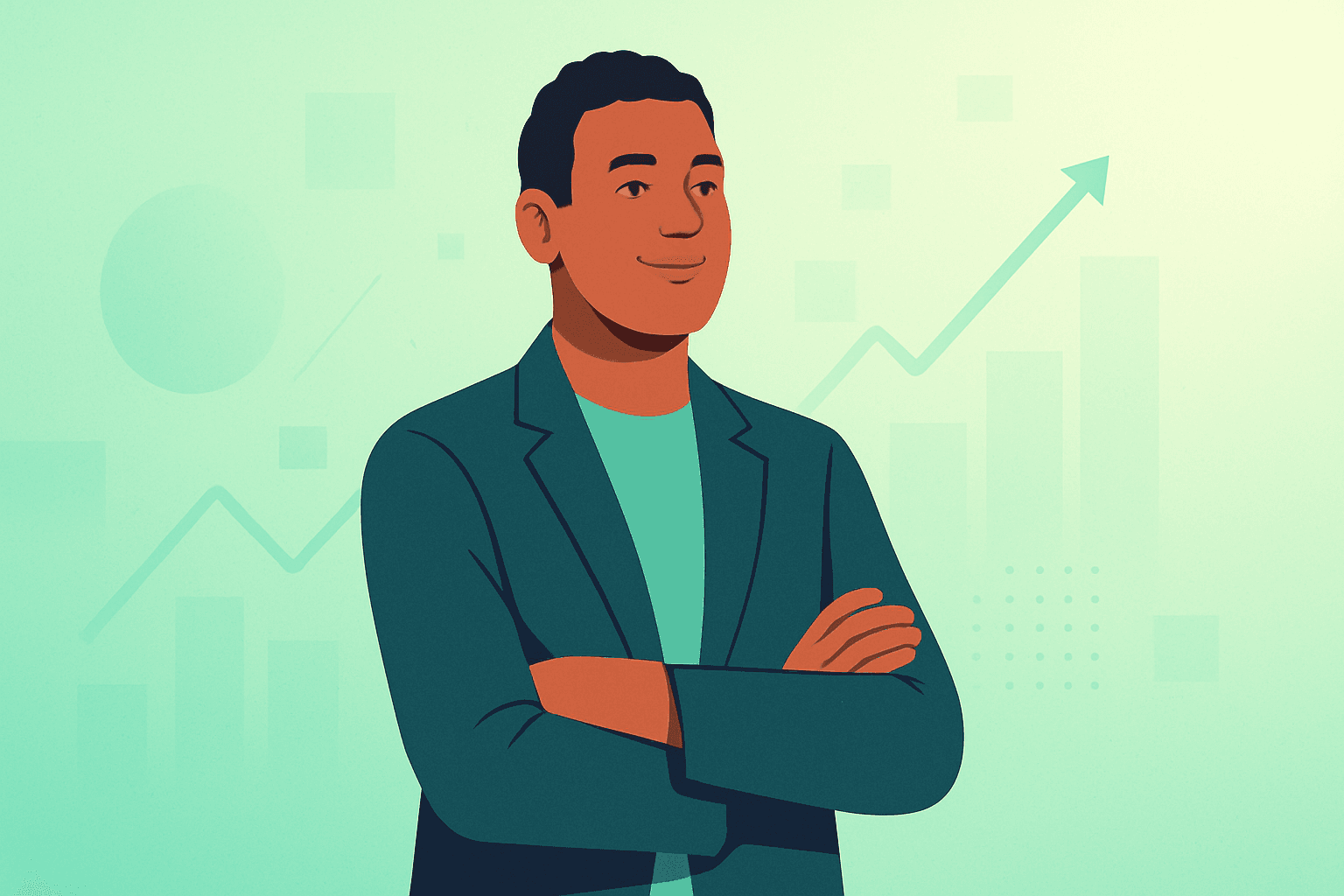 Illustration representing business confidence and control achieved through optimization, shown by a satisfied owner.